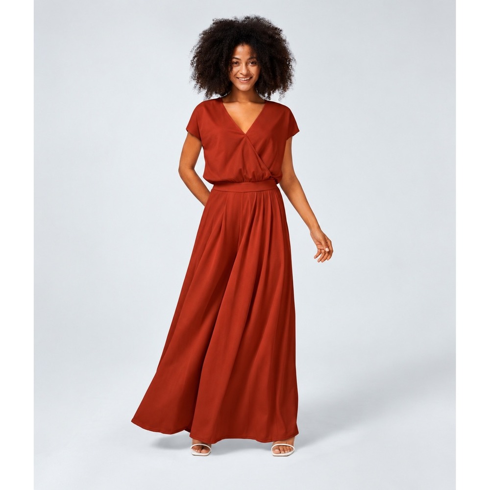 Halara V-Neck Short Sleeve Side Pocket Wide Leg Waffle Jumpsuit Rust XS NWT